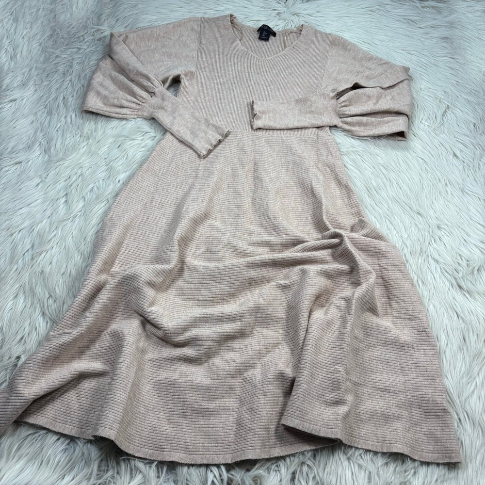 Rachel Zoe Women's L Ribbed Bishop Sleeve Midi Sweater Dress Cottagecore Twee